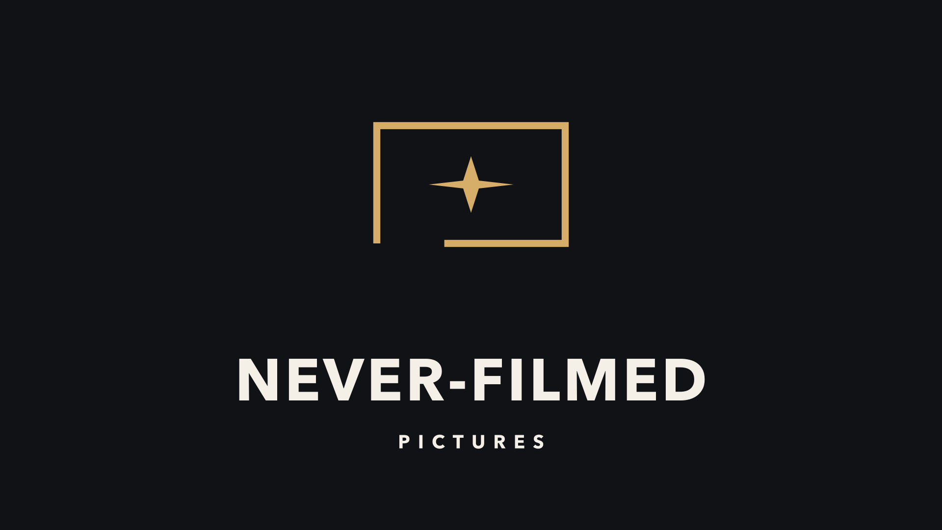 Never-Filmed Pictures: a gold open frame and light spark above the studio name